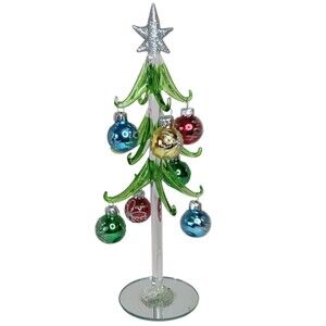 Miniature Blown Glass Christmas Tree & 7  Ornaments Mirror Bottom 9.5" By Ganz